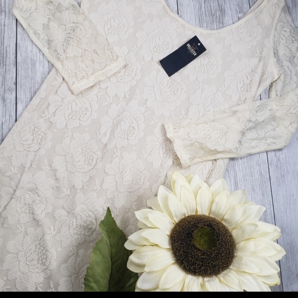 Hollister Lace Dress  Neutral  Nude Long Sleeve Mini  Sexy Night Out  Large  NEW - Picture 7 of 8